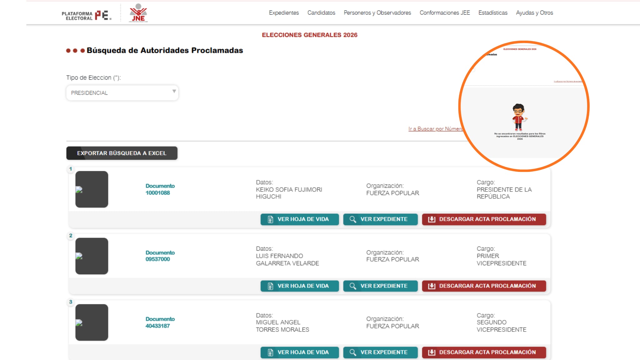 Web oficial del JNE mostró a Keiko Fujimori como presidenta electa y luego borró el contenido